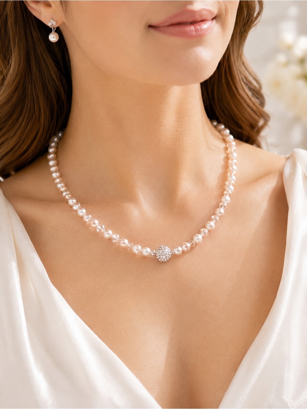 Boutique Genuine Mother of Pearl & Pink Crystal Necklace Earring Set Bridal NWT